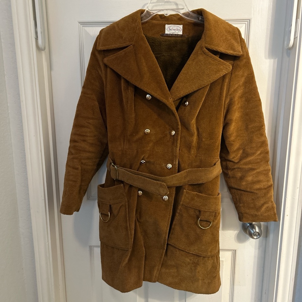 Vintage 1980s‎ Brown Corduroy Swingles Woman’s Overcoat Jacket Belted Lined
